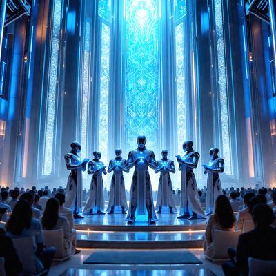 The primary subject of the image is a group of robots standing in a large, blue-lit room. The setting appears to be a church, with a large stained glass window behind the robots. The visual style of the image is a combination of photo and digital art, creating a unique and intriguing scene. The dominant colors in the image are blue and white, giving the scene a calm and serene atmosphere.